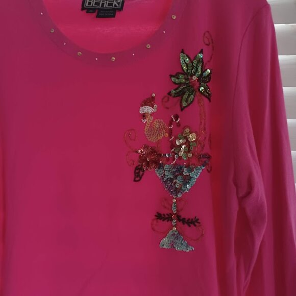 Berek XL Christmas Flamingo Sequin Top Women’s Embellished Holiday Shirt Cotton - Picture 5 of 6